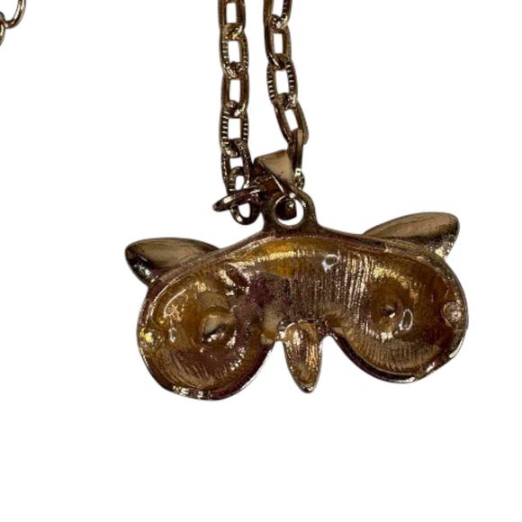 Vintage Owl Pendant Necklace Gold Tone – Enamel Faux Opal Eyes Retro Statement - Picture 3 of 5